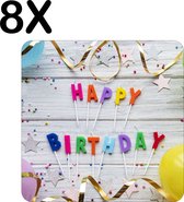 BWK Stevige Placemat - Happy Birthday met Slingers en Balonnen - Set van 8 Placemats - 50x50 cm - 1 mm dik Polystyreen - Afneembaar