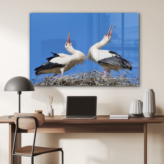 MuchoWow® Peinture sur verre 90x60 cm - Peinture sur verre acrylique - Belle image de deux cigognes dans leur nid - Photo sur verre - Peintures