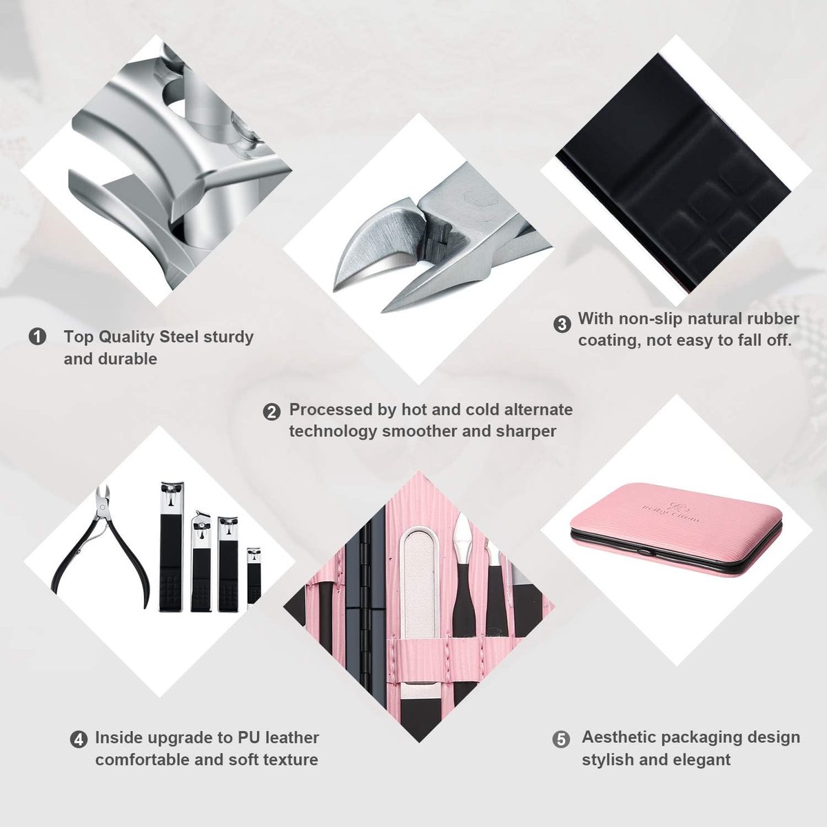 Manicureset 18 delige professionele nagelknipper-set Pedicure-zorggereedschap-roestvrijstalen verzorgingsgereedschap met roze PU-lederen tas voor reizen en thuis (roze)