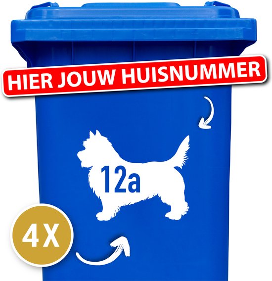 Container sticker - klikostickers - kliko sticker voordeelset - 4 stuks - Norwich terrier - container sticker huisnummer - wit - vuilnisbak stickers - container sticker hond - 12345678910 - cadeau
