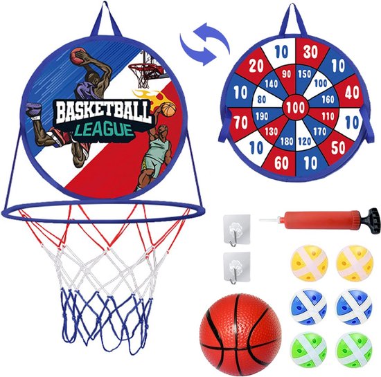 Panier de basket pour enfants avec jeu de flechet, balles collantes 2 en 1  et mini