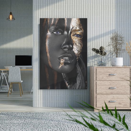 Artaza Canvas Schilderij Gouden Vrouw Gezicht - 60x90 cm - Wanddecoratie Woonkamer - Schilderijen - Muurdecoratie