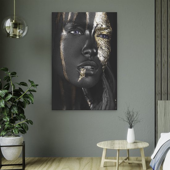 Artaza Canvas Schilderij Gouden Vrouw Gezicht - 60x90 cm - Wanddecoratie Woonkamer - Schilderijen - Muurdecoratie