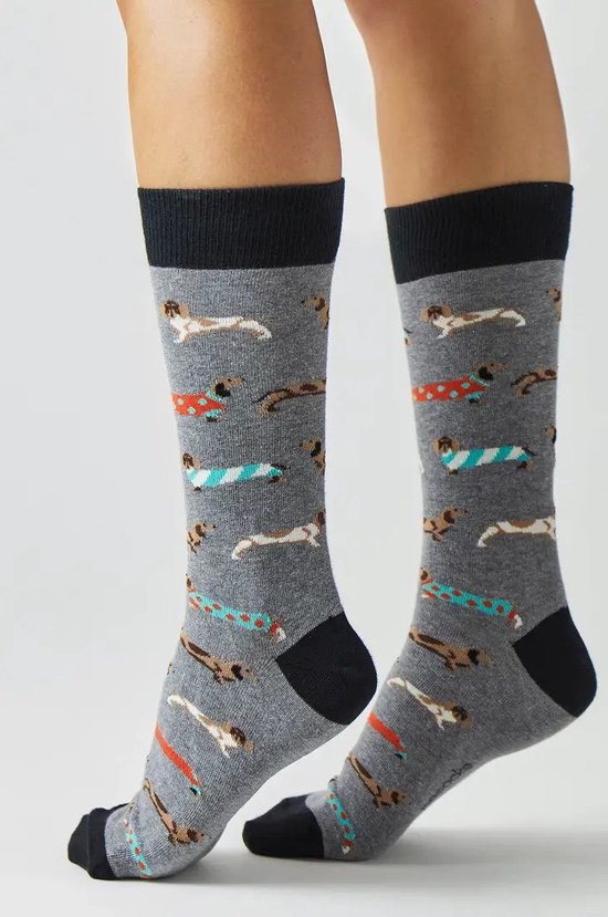 Chaussettes drôles Grijs avec Teckels en coton Bio taille 36-40 - Teckels - Doux - Cadeau Trendy - Cadeau Trendy - Anniversaire - Cadeau