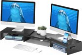 Dual Monitor Stand Riser, desktop monitorstandaard met smartphonehouder, verstelbare lengte en zwenkhoek, houten bureauorganizer, voor pc-monitor, laptop printer