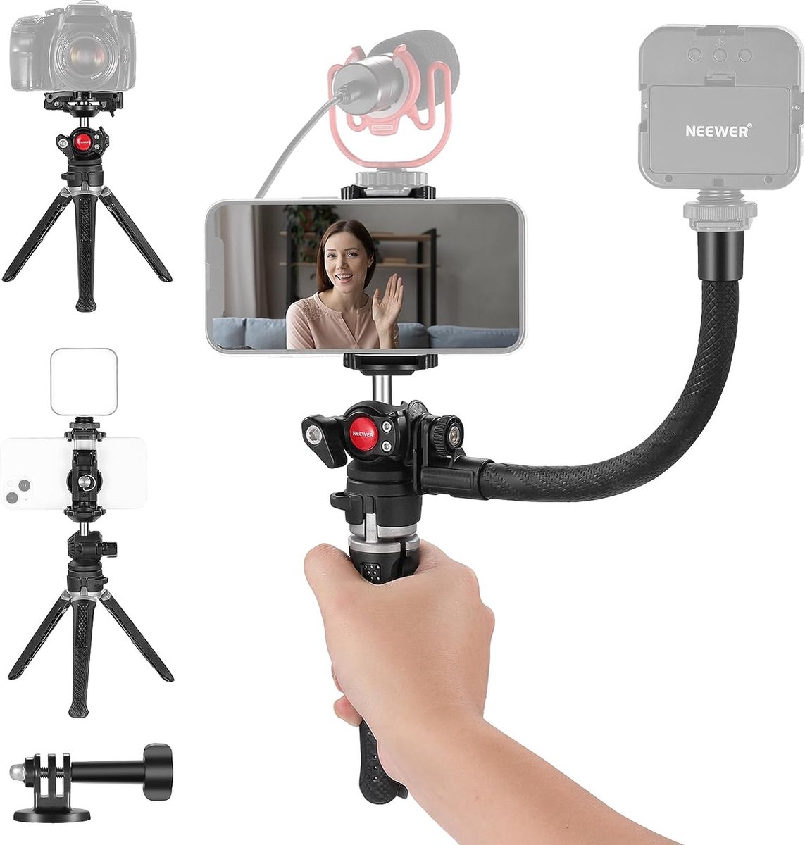 Neewer® - Mini Camera Statief met 2-in-1 Telefoonhouder/Action Cam Adapter/Flexibele Arm voor LED-lamp/Video Microfoon - Vlogging Statief Compatibel met GoPro, iPhone voor TikTok Filmen en Video-opname