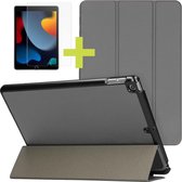 iMoshion Trifold Tablet Hoes & Screenprotector Gehard Glas Geschikt Apple iPad 9 (2021) 9e generatie / iPad 8 (2020) 8e generatie / iPad 7 (2019) 7e generatie tablethoes - Grijs