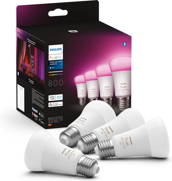 Philips Hue lampen - wit en gekleurd licht - LED - E27 - 6,5W - 806 Lumen -  4 stuks | bol