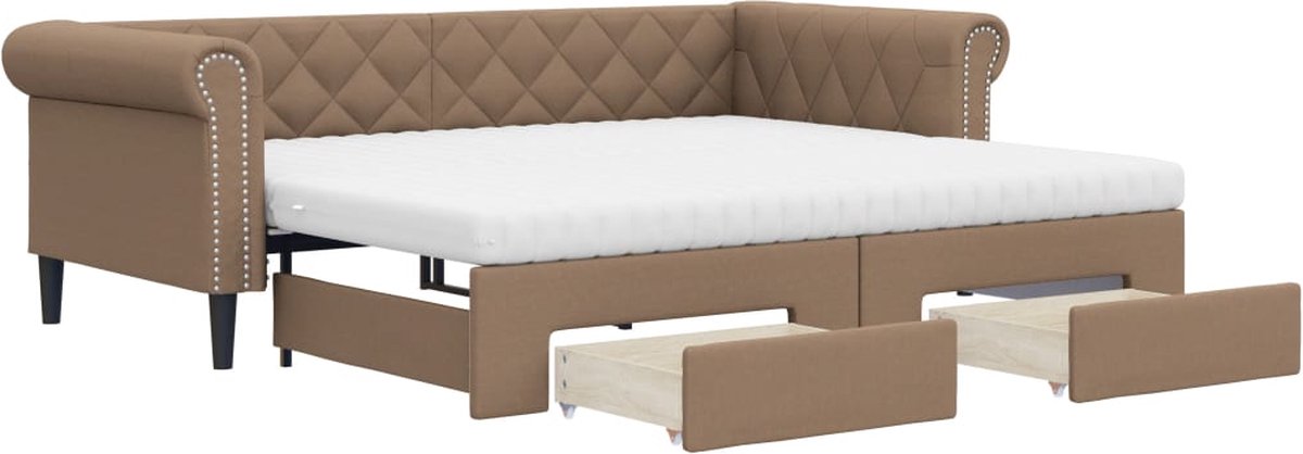 vidaXL Slaapbank - met - onderschuifbed - en - lades - 90x200 - cm - kunstleer cappuccino
