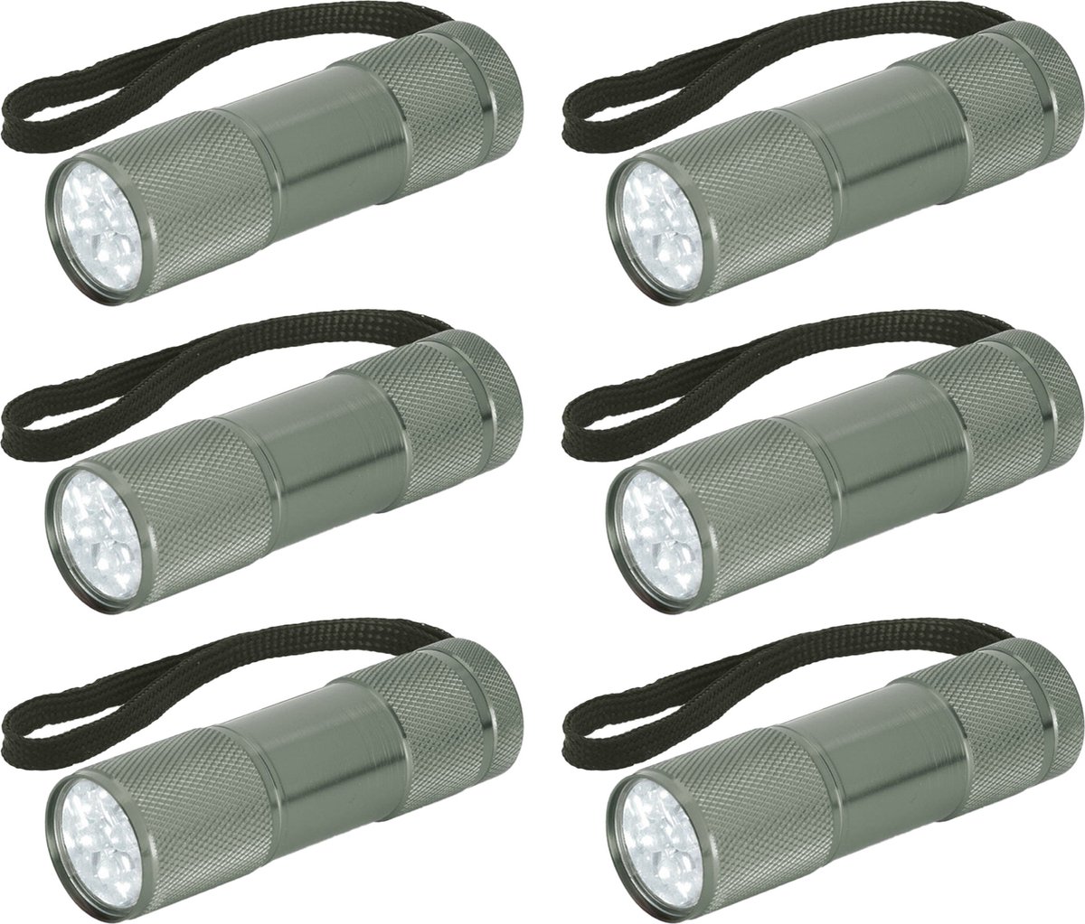 Compacte LED kinder zaklamp - 6x - aluminium - grijs - 9 cm - Uitdeelcadeau/leeslampje