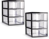 Plasticforte ladeblokje/bureau organizer - 2x - 3 lades - transparant/zwart - L18 x B25 x H25 cm