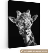 Canvas schilderij 120x160 cm - Wanddecoratie Giraffe - Dier - Zwart - Wit - Muurdecoratie woonkamer - Slaapkamer decoratie - Kamer accessoires - Schilderijen