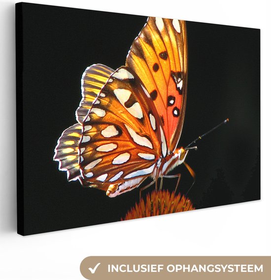 Canvas Schilderij Vlinder - Bloemen - Insect - Portret - Zwart - Oranje - 90x60 cm - Wanddecoratie