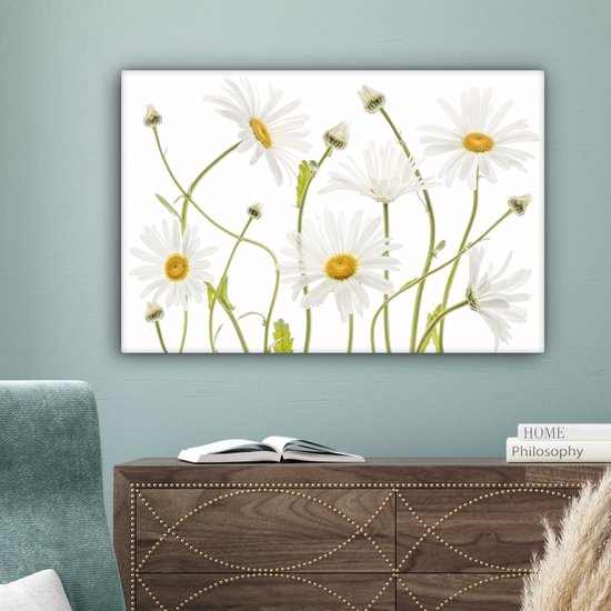 Peinture sur toile - Canvasdoek - Fleurs - Marguerite - Wit - Jaune - Plantes - Décoration murale - 150x100 cm - Photo sur toile