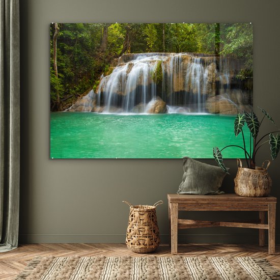 Le parc national thaïlandais d'Erawan avec les cascades Plexiglas 180x120 cm - Tirage photo sur Glas (décoration murale plexiglas) XXL / Groot format!