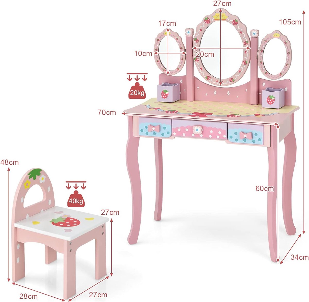 CCLIFE Coiffeuse Enfant Fille, Table de Maquillage avec 3 miroirs