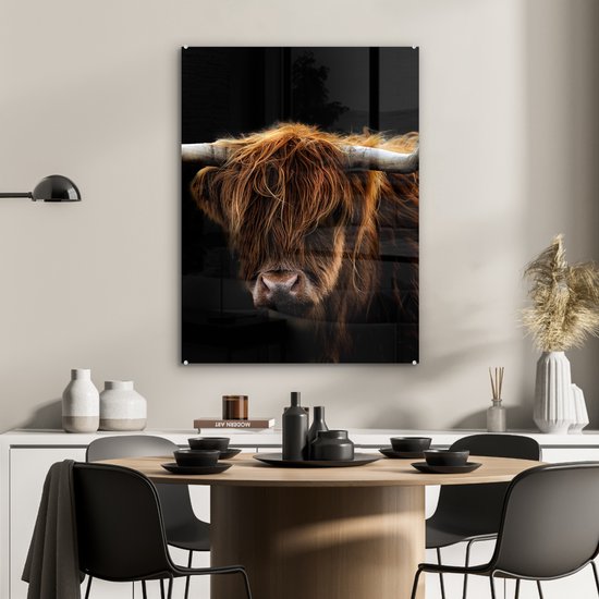 MuchoWow® Peinture sur Verre - Highlander écossais - Cornes - Zwart - Animaux - Nature - Sauvage - Taureau - Vache - 60x80 cm - Peintures sur Verre Peintures - Photo sur Glas