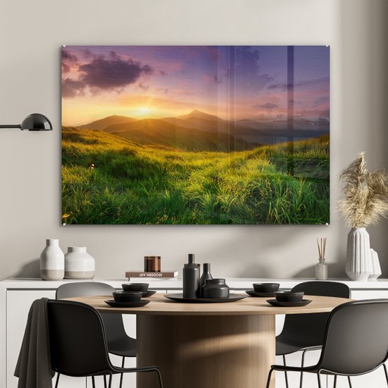 MuchoWow® Glasschilderij 120x80 cm - Schilderij acrylglas - Bergen - Zon - Natuur - Foto op glas - Schilderijen