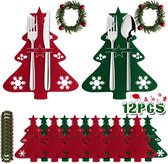 Bestekhouder Kerstmis vilt, 12 stuks servetringen & bestekhouders kerstset, rood/groen kerstboom gevormde tafeldecoratie Kerstmis, kleine kunstmatige dennennaalden krans