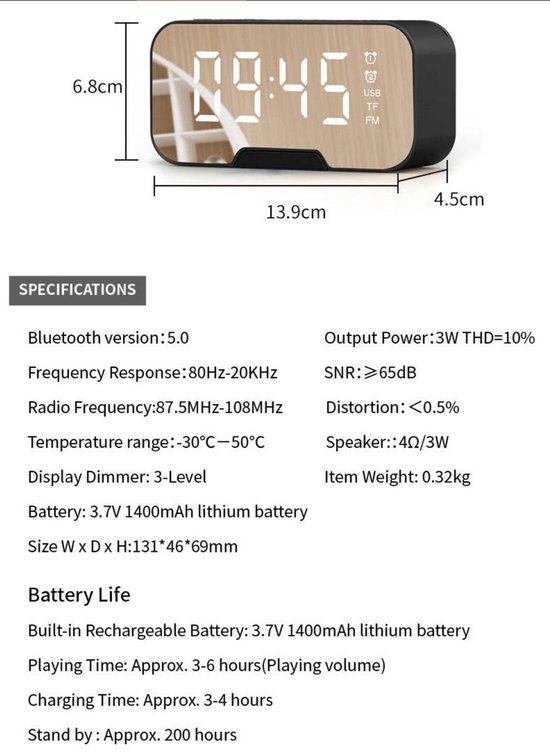 Digitale wekker met bluetooth speaker, radio, spiegel en TF ingang. WIT