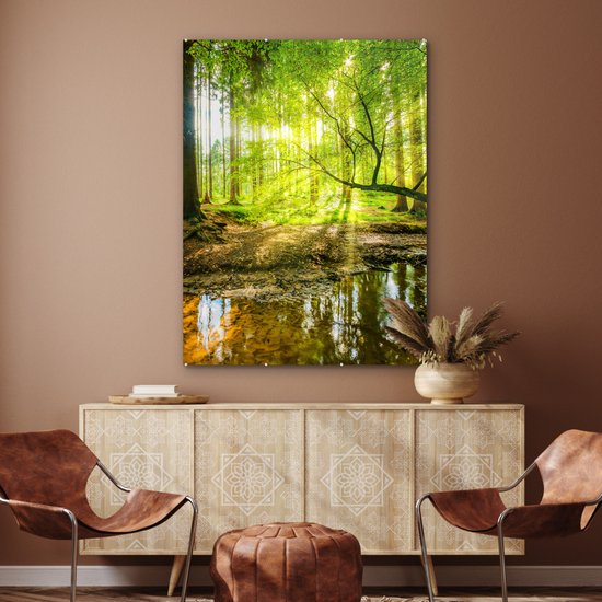 Glasschilderij - Acrylglas - Bos - Zon - Rivier - Wanddecoratie - Glasschilderij binnen - Foto op glas - 90x120 cm - Schilderij - Glasschilderij natuur