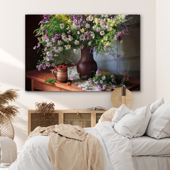 MuchoWow® Glasschilderij 180x120 cm - Schilderij acrylglas - Bloemen - Tafel - Stilleven - Boeket - Vaas - Foto op glas - Muurdecoratie woonkamer - Wanddecoratie slaapkamer - Schilderijen