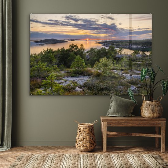 MuchoWow® Peinture sur verre 150x100 cm - Peinture sur verre acrylique - Coucher de soleil sur la côte suédoise - Photo sur verre - Peintures