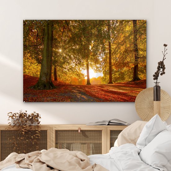 MuchoWow® Glasschilderij 120x80 cm - Schilderij acrylglas - Herfst - Zon - Bos - Foto op glas - Schilderijen