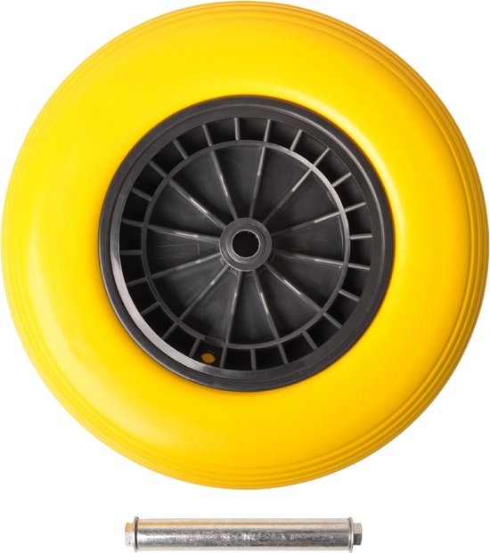 4.00-8 kruiwagenwiel - anti-lek band en zwarte kunststof velg - 150 kg maximale belasting - 20 mm asgat/naafdiameter - inclusief rollager, as en afstandshouders — afbeelding 3