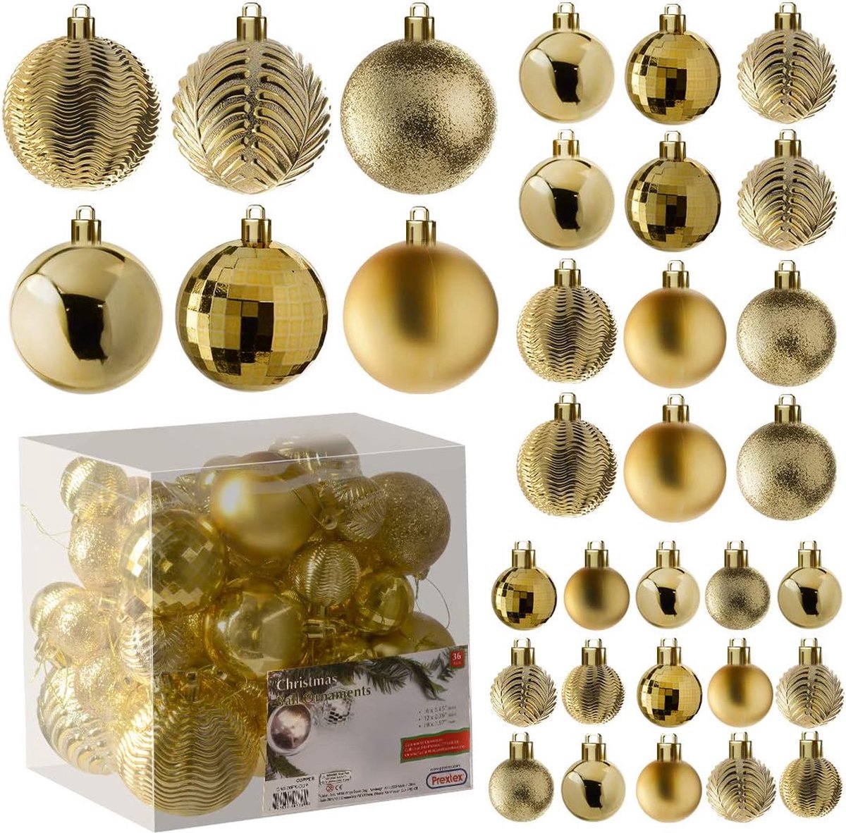 gouden kerstbalornamenten voor kerstversiering - 36 stuks kerstboom onbreekbare ornamenten met ophanglus voor vakantie- en feestdecoratie (combo van 6 stijlen in 3 maten)