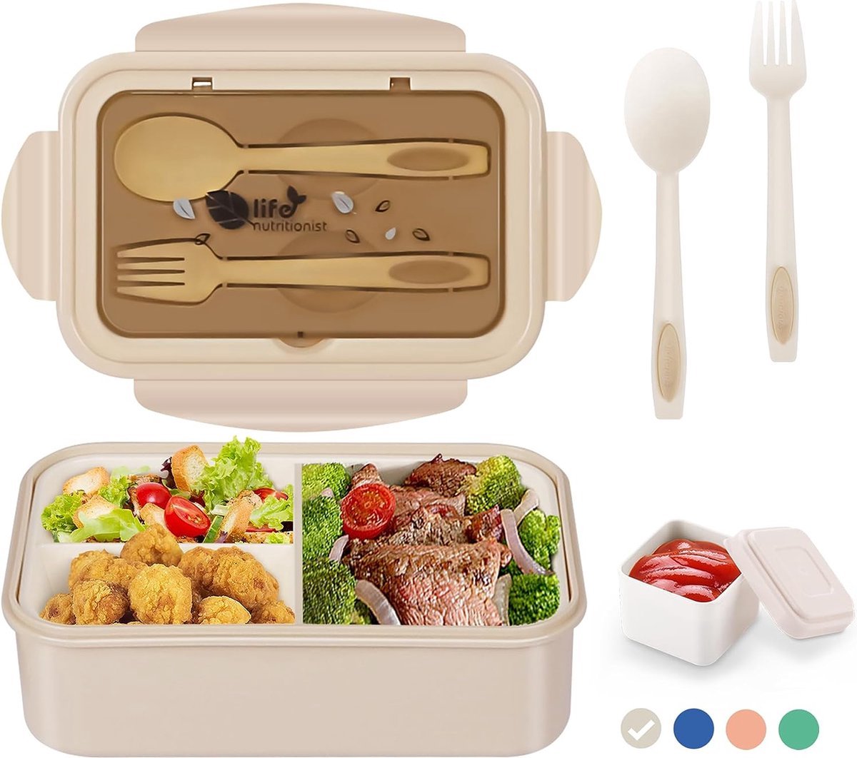 Lunchbox met 3 vakken - Beige - 1400 ml - Broodtrommel met bestek en extra bakje - Snackbox voor school, werk, picknick - Magnetron/vaatwasserbestendig