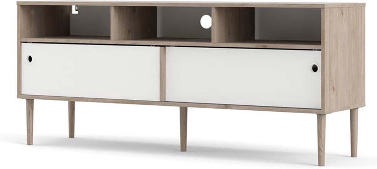 Penny TV-meubel 2 schuifdeuren en 3 vakken Hickory decor en mat wit.