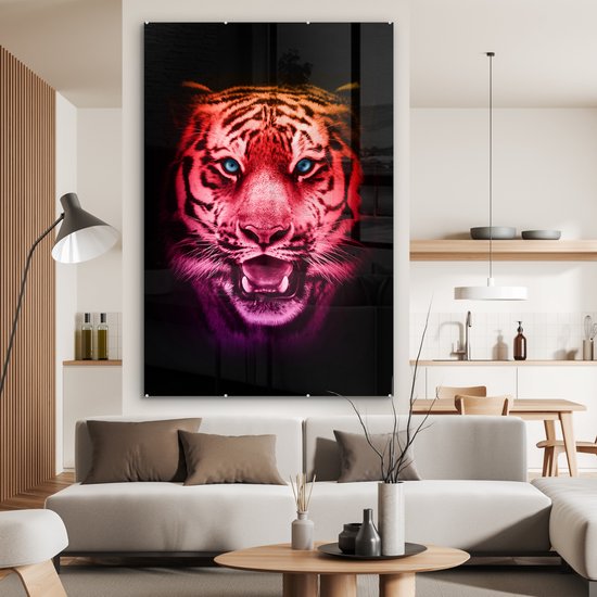 MuchoWow® Peinture sur verre 100x150 cm - Peinture sur verre acrylique - Tigre - Oranje - Rouge - Photo sur verre - Peintures