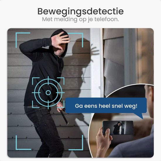 Beveiligingscamera detecteert dief met koevoet. Smartphone toont beelden met tekst: 'Ga eens heel snel weg!'