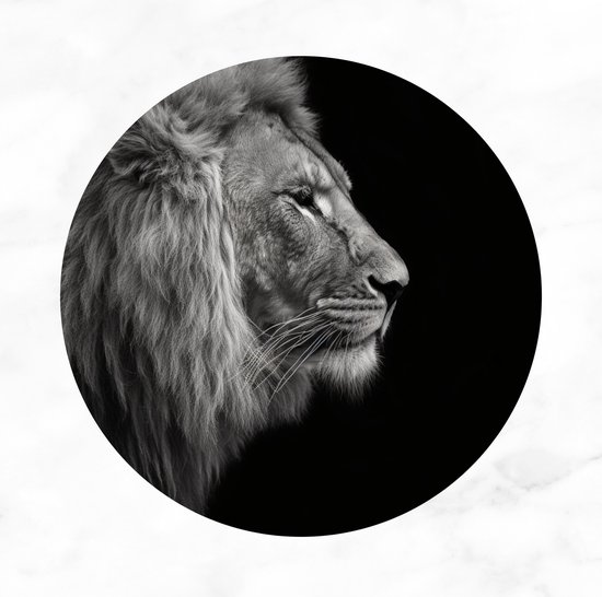 De Muurdecoratie - Muurcirkel leeuw 90x90 cm - Dieren - Wandcirkels - Muurdecoratie rond - Woondecoratie - Schilderij zwart wit - Muurdecoratie woonkamer