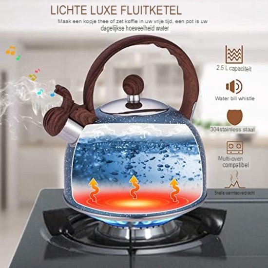 Bouilloire Sifflante 2.5L Acier Inoxydable - Manche Bois Anti-Brûlure Compatible Induction Et Gaz