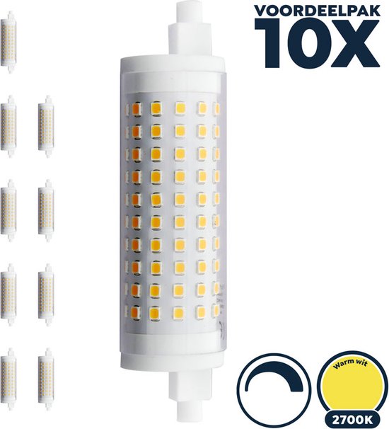 R7s led 118mm dimbaar, warm wit (2700K), 15W vervangt 150W, 118mm lengte*ø28mm diameter - voordeelpak 10x