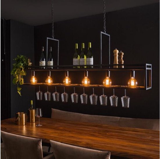 Meubelplaats Hanglamp/Wijnrek Decorate 160 cm Zwart Metalen Frame - Multifunctioneel Design