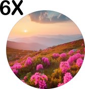 BWK Flexibele Ronde Placemat - Roze Bloemen op een Berg bij Zonsondergang - Set van 6 Placemats - 40x40 cm - PVC Doek - Afneembaar