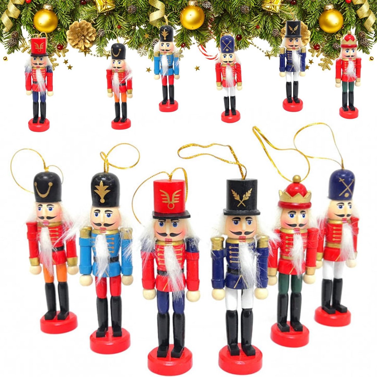 Hangende notenkrakers Kerstmis - 6 stuks - Traditionele houten kerst soldaten - Voor in de kerstboom - Black Friday 2023 - Kerstcadeau