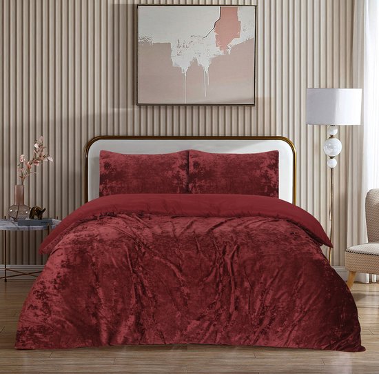 Skylark - Set Housse de Couette Velours Froissé Glacé - Double - 200x220 + 2 Taies d'oreiller 60x70 - Literie Luxe - ROUGE