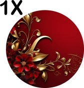 BWK Flexibele Ronde Placemat - Diep Rode Achtergrond met Rode en Gouden Bloemen - Set van 1 Placemats - 50x50 cm - PVC Doek - Afneembaar
