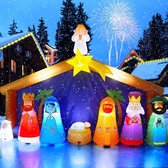 Opblaasbare Kerststal 244 cm hoog - 381 cm Lang - Kerststal Figuren - Magische Jezus Geboortescène met Bethlehem Sterboog - Kerstmis - Kerst - Verrijk je Binnen- en Buitendecoratie met deze Indrukwekkende Kerstversiering voor Tuinfeesten