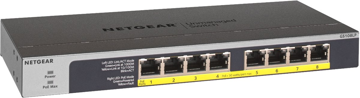 NETGEAR GS108LP - Netwerk Switch - Unmanaged - 1 Gbps - PoE Switch - 8 poorten