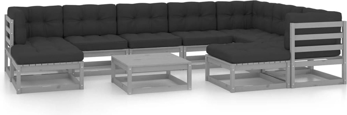 The Living Store 10-delige Loungeset met kussens massief grenenhout grijs - Tuinmeubels - Lounge Set - Houten Loungebank - Buitendiner - Tuinset