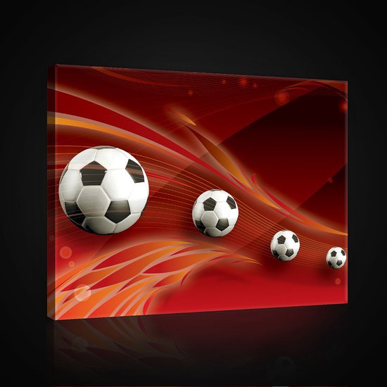 Canvas Schilderij - Voetbal - Sport - Voetballen - Rode Achtergrond - Rood - Inclusief Frame - 80x60cm (lxb)
