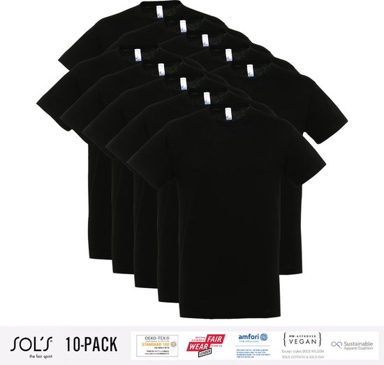 10 Pack Sol's Heren T-Shirt 100% biologisch katoen Ronde hals zwart Maat XL