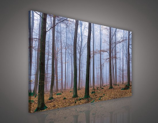 Peinture sur toile - Forêt - Arbres - Brouillard - Nature - Automne - Feuilles - Cadre inclus - 100x75cm (lxl)