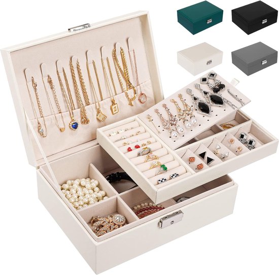 Vlando Sieradendoosje voor meisjes en dames, dubbellaags sieradenkistje, afsluitbaar sieradendoosje, sieradenopbergdoos voor ringen, oorbellen, armbanden, halskettingen, sieradenkoffer