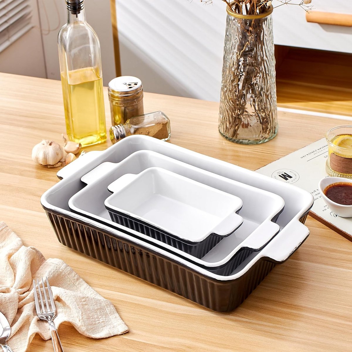 Braadschotels Set van 3 voor Oven, Porselein Bakvormen 13x9 inch, Keramische Cake Bakvormen Set, Keuken Rechthoekige Lasagne Pannen met Handvat
